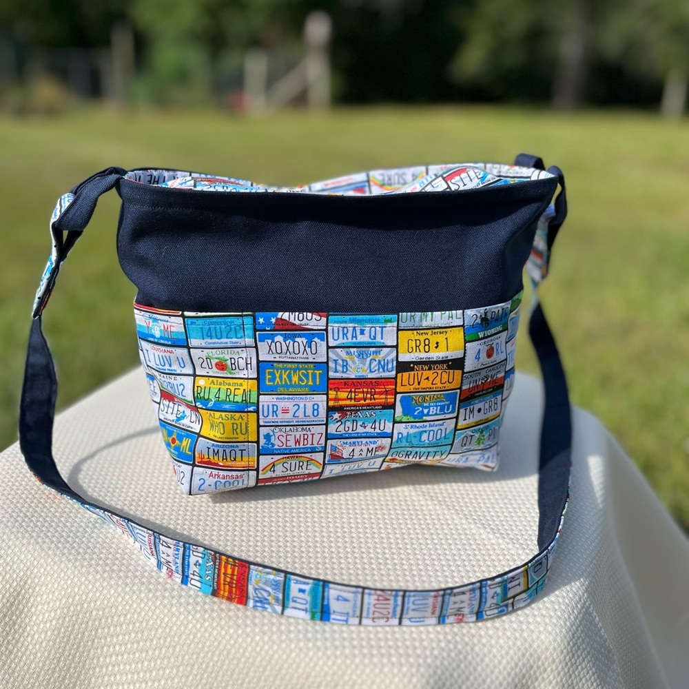 License plates and navy handmade cotton purse